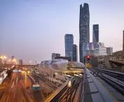 King Abdullah Financial District (KAFD) metro station in Riyadh - a bird's eye view of the station and its surroundings