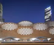 King Abdullah Financial District (KAFD) metro station in Riyadh - view of the building facade at night