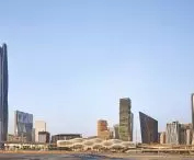 King Abdullah Financial District (KAFD) metro station in Riyadh - the body of the building against the background of urban development
