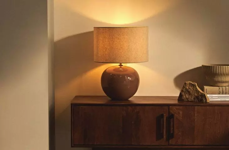 Lamp with brown lampshade will bring warm light into the interior