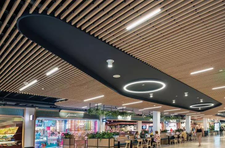 Solid Wood Grid ceiling, Sterrenburg Shopping Center in Dordrecht, the Netherlands Photo: Hunter Douglas Architectural