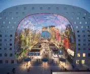 Market Hall (Markthal) in Rotterdam - the facade of the building resembles a horseshoe-shaped structure 