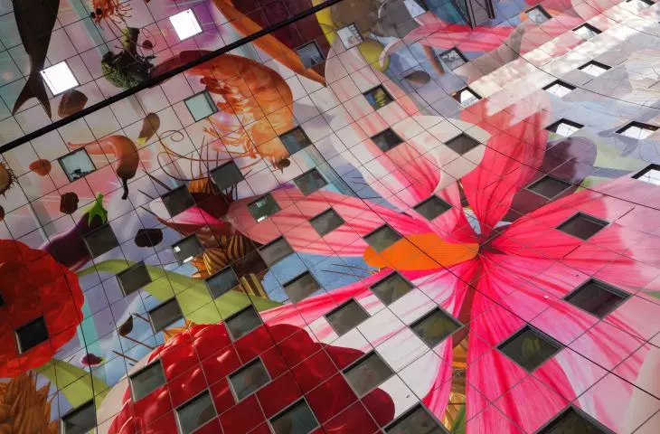Market Hall (Markthal) in Rotterdam - inside the hall is the largest mural in the Netherlands