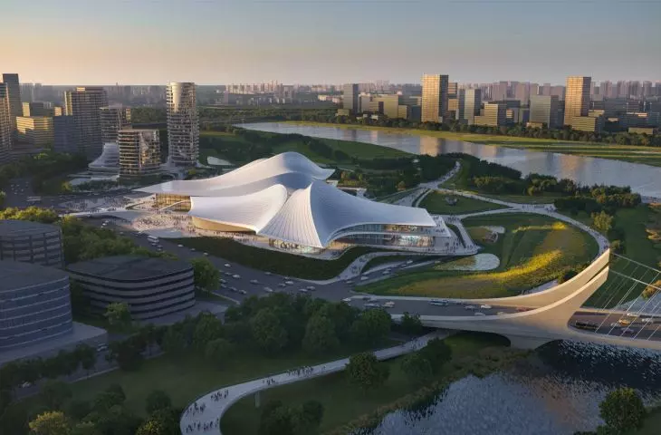Cultural and Art Center on the Cao'e River in Zhejiang Province, China - bird's eye view