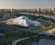 Cultural and Art Center on the Cao'e River in Zhejiang Province, China - bird's eye view