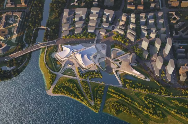 Centrum Kultury i Sztuki nad rzeką Cao’e w prowincji Zhejiang w Chinach – widok z lotu ptaka