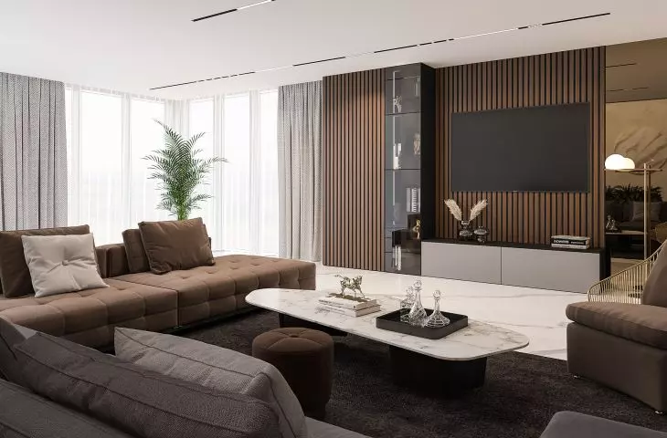 Living room project using Motionwall modular furniture. Made with mdf milling / then lacquering technology.