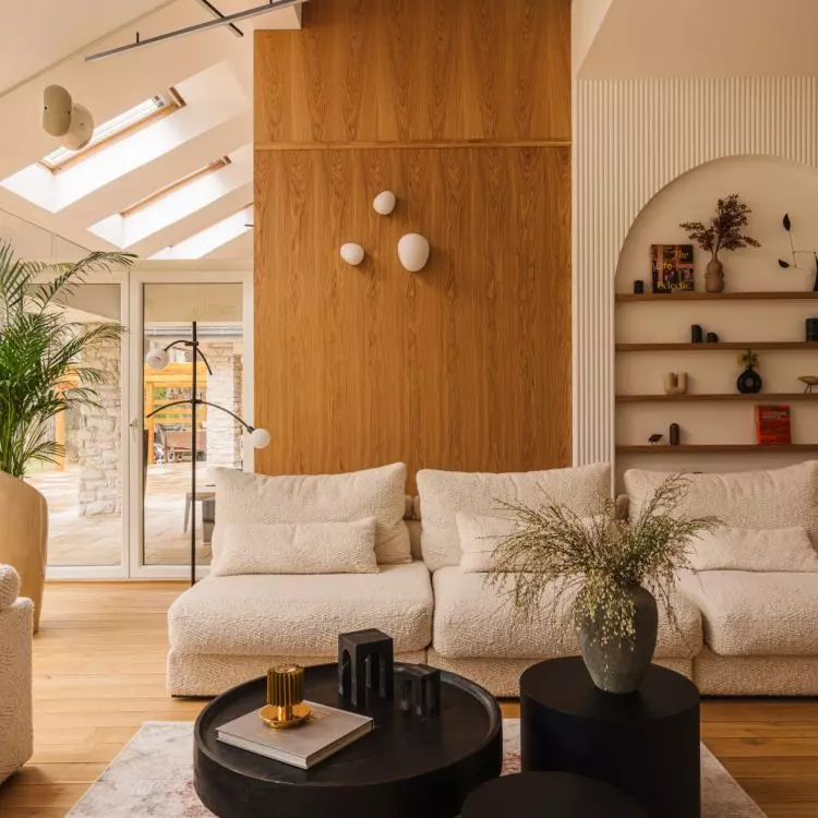Natural materials and muted colors create a soothing atmosphere