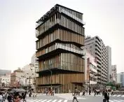 A cultural and tourist center in the Asakusa district of Tokyo - the building consists of eight stacked blocks, resembling the shape of separate single-story houses