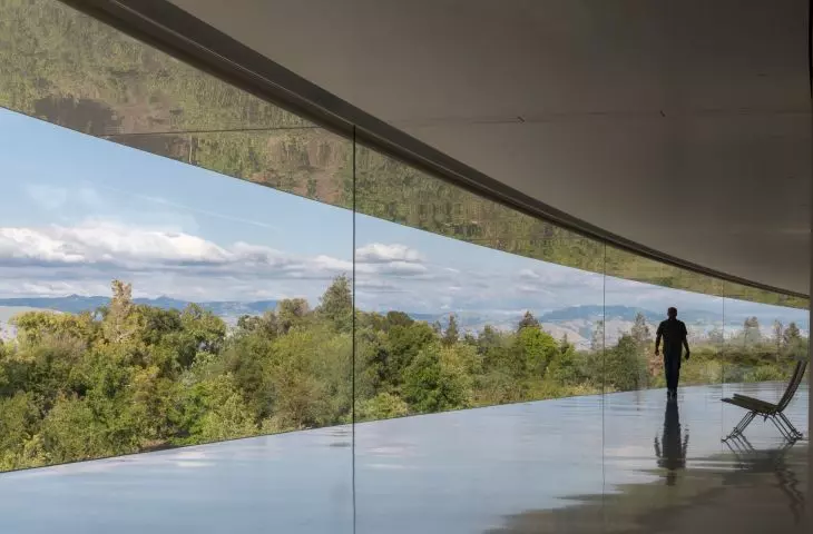 Apple Park w Cupertino w Kalifornii – jednym z kluczowych elementów architektonicznych The Ring są szklane ściany od podłogi do sufitu