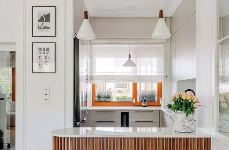 The wall in the kitchen area is decorated with graphics collected by the investor