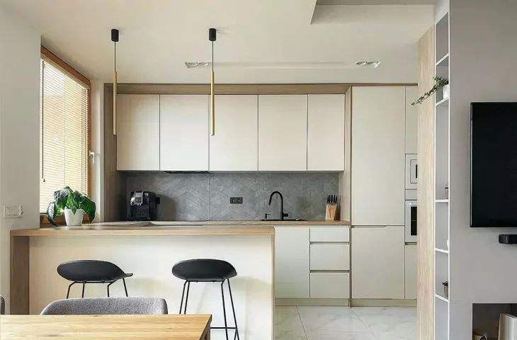 Wooden countertops warm up a minimalist design