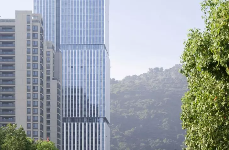 Wieżowiec Nansheng Center w Wenzhou – wszystkie elewacje wieżowca są przeszklone 