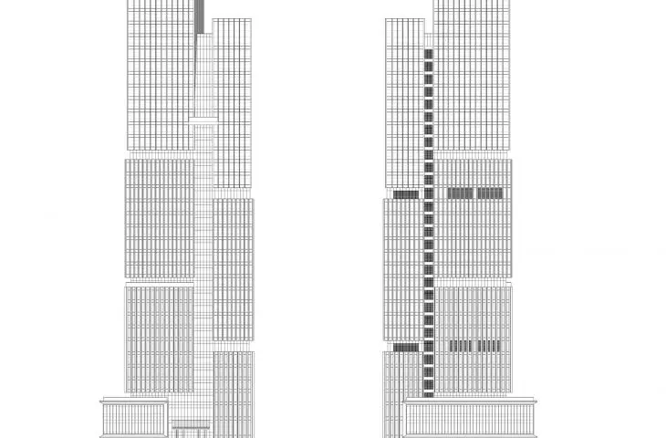 Wieżowiec Nansheng Center w Wenzhou – rysunek południowej i północnej elewacji 