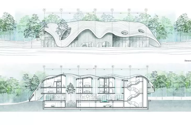 North elevation and cross-section A-A