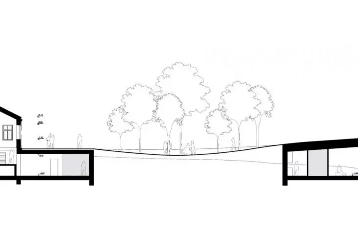Historic mansion in Panevezys - longitudinal cross-section of the historic building and the new wing  