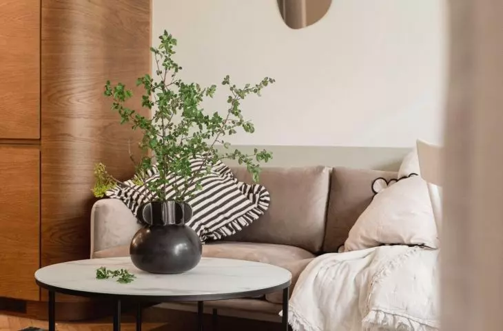 Above the sofa hangs a decoration of mirrors with an organic shape
