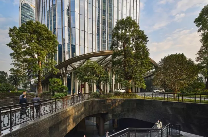 The Star River Headquarters skyscraper in Guangzhou, China - a view of the staircase that provides a direct connection to the nearby subway line