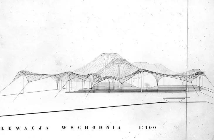 Diploma thesis by Marek Budzyński - Short Rest Center on a mound of Warsaw rubble in Powisle district, 1963