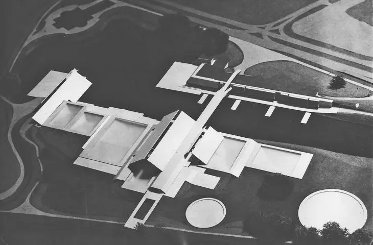 zwycięska praca konkursowa — Ośrodek Rekreacyjno-Sportowy na Cyplu Czerniakowskim w Warszawie,  proj.: Marek Budzyński, Adam Kowalewski, 1967