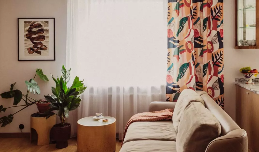 Colorful curtains enliven the interior
