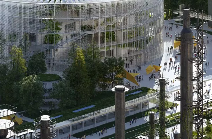 Modernization of the park after the former oil refinery factory in Hangzhou - the centerpiece of the park will become an Art and Science Center with a cylindrical shape 