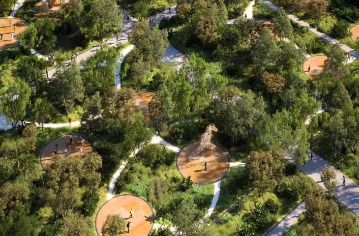 Modernizacja parku po byłej fabryce rafinerii ropy naftowej w Hangzhou – wizualizacja widoku na park z lotu ptaka 