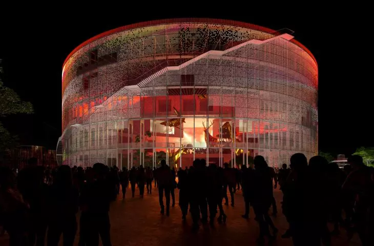 Modernization of the park after the former oil refinery factory in Hangzhou - view of the museum facade at night 