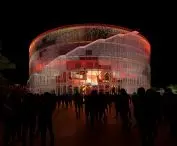 Modernization of the park after the former oil refinery factory in Hangzhou - view of the museum facade at night 
