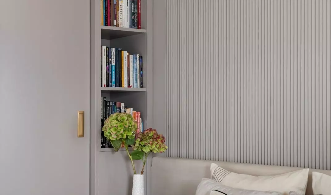 Light gray build-up provides storage space