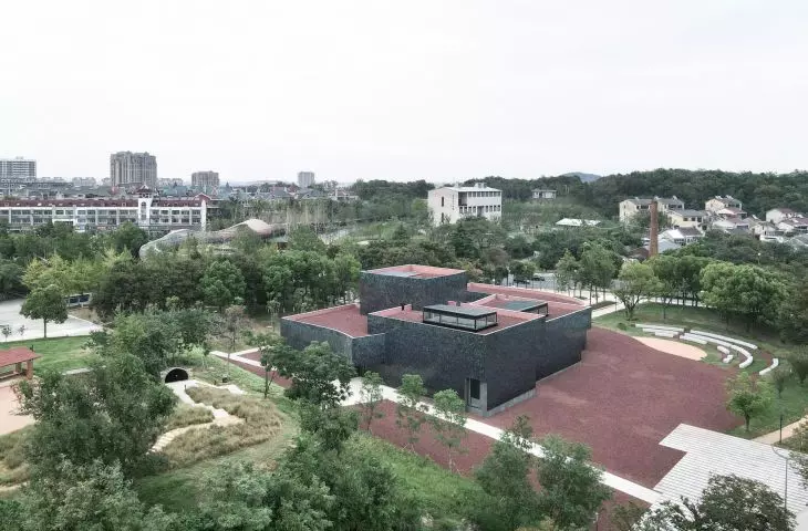 Zisha mineral springs museum in Huanglong valley (Dingshu, China) - bird's eye view of the museum 