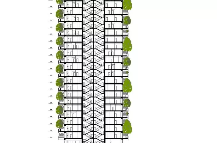 Bosco Verticale (z włoskiego 'Pionowy las' lub 'Wertykalny las') w Mediolanie – przekrój podłużny 