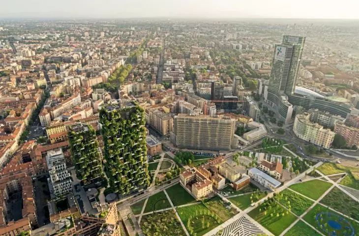 Bosco Verticale (Italian for 'Vertical Forest' or 'Vertical Forest') in Milan - a bird's eye view of the skyscrapers 