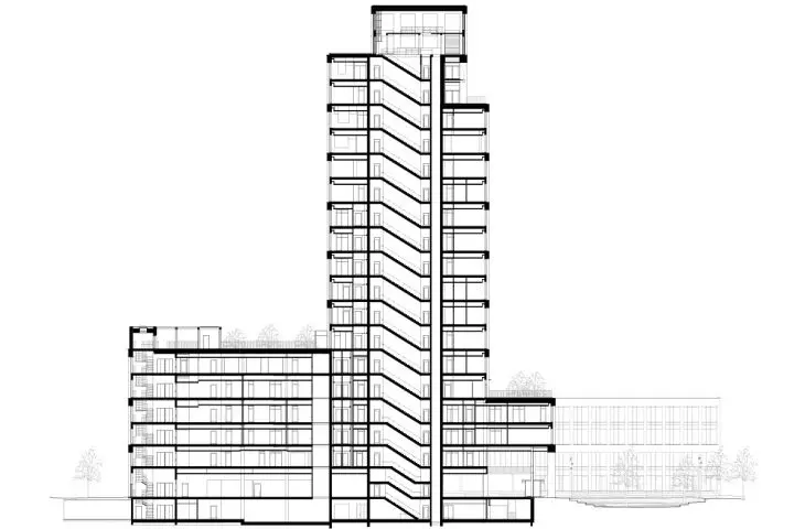 INCUBA Next skyscraper in Aarhus, Denmark - longitudinal cross-section of the building 