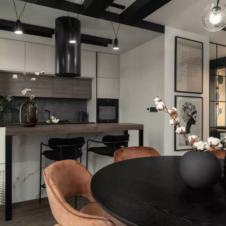 The arrangement combines loft inspiration with cozy accessories