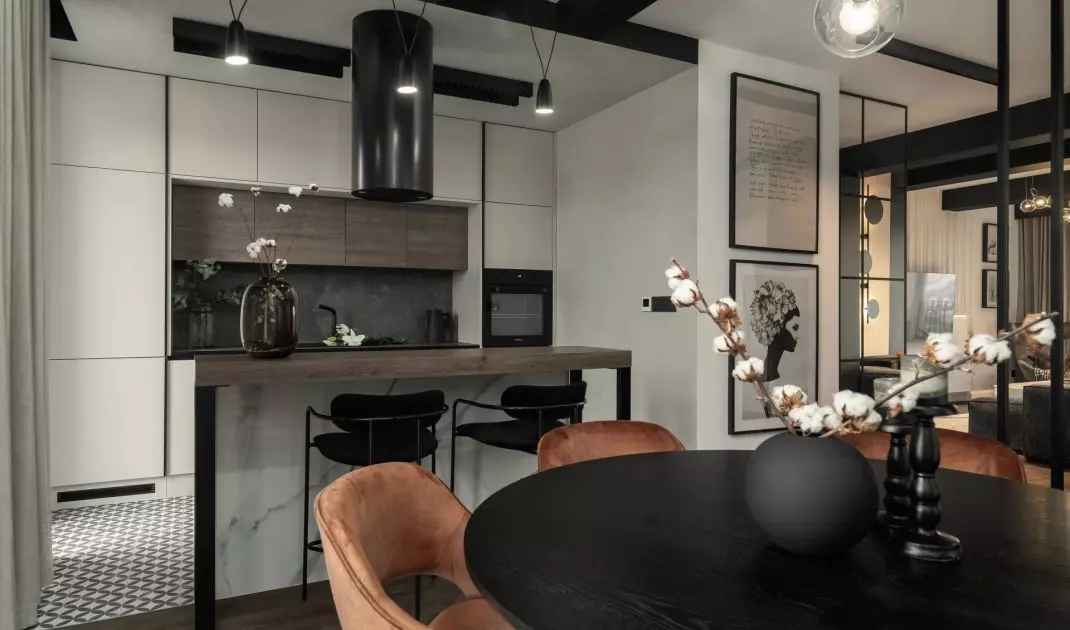 The arrangement combines loft inspiration with cozy accessories