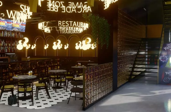Visualizations of the Arcade Bee Entertainment Centre in the Unity Centre complex in Krakow