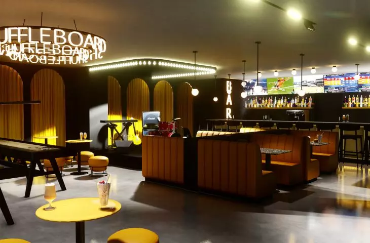 Visualizations of the Arcade Bee Entertainment Centre in the Unity Centre complex in Krakow