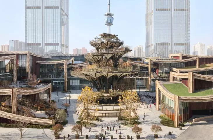 Cultural and Business Center in Xi'an, China - view of the Xi'an Tree, a plant structure that serves as a vertical park