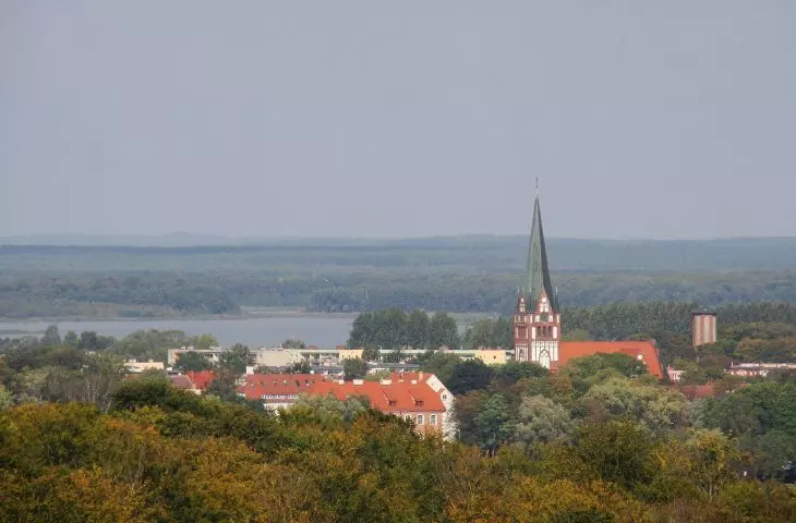 Panorama of the Old Town in Szczecinek, on the right you can see the historic water tower