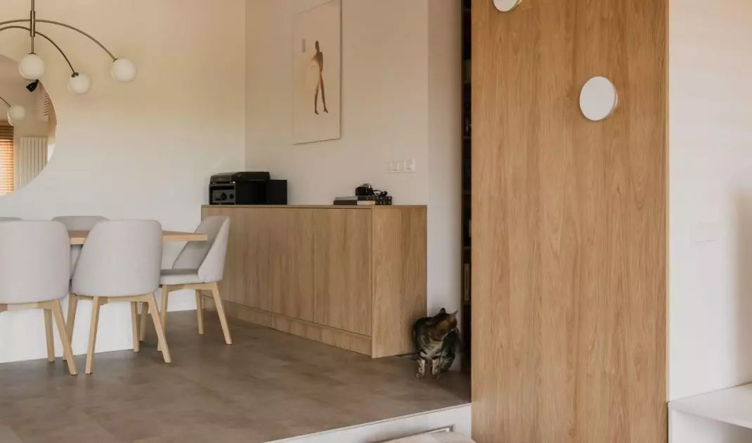 A conversation pit, or recess with a sofa, was arranged in the living room