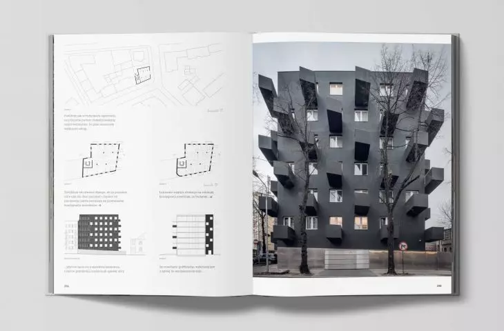 Book spread presenting the Unikato building in Katowice, Poland