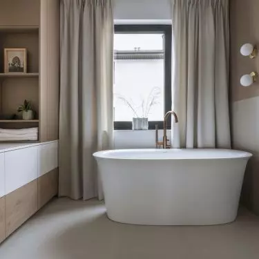 Bathroom arrangement is consistent with the rest of the decor