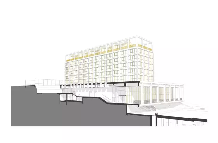 Corvinus Gellért campus in Budapest - cross-section of the building  