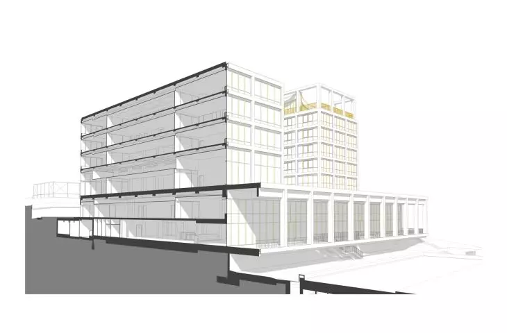 Kampus Corvinus Gellért w Budapeszcie — przekrój budynku  