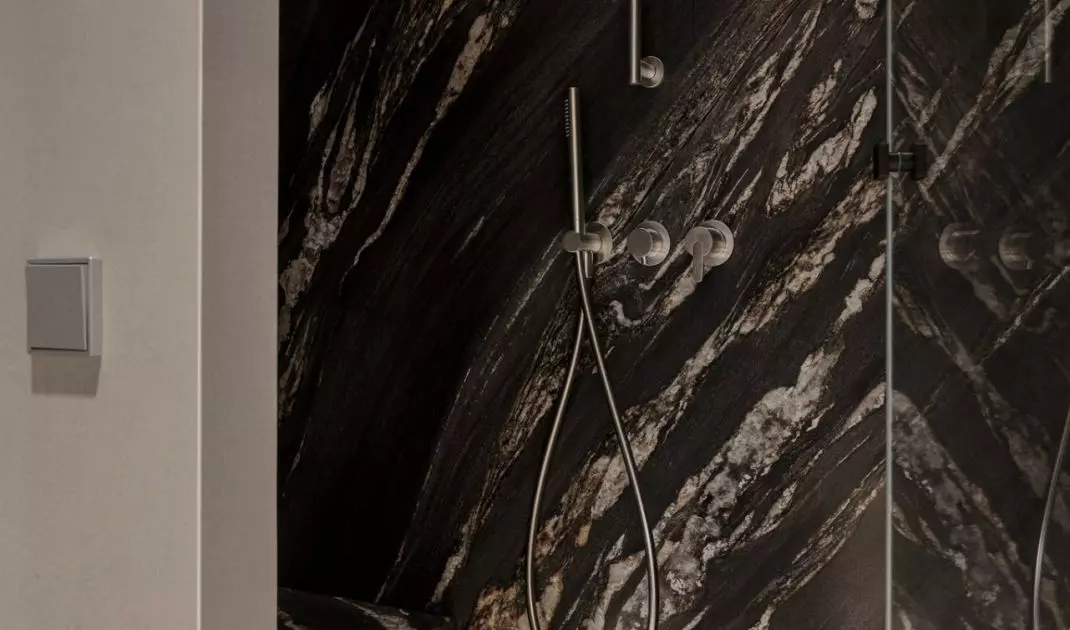 Light furniture softens dark stone