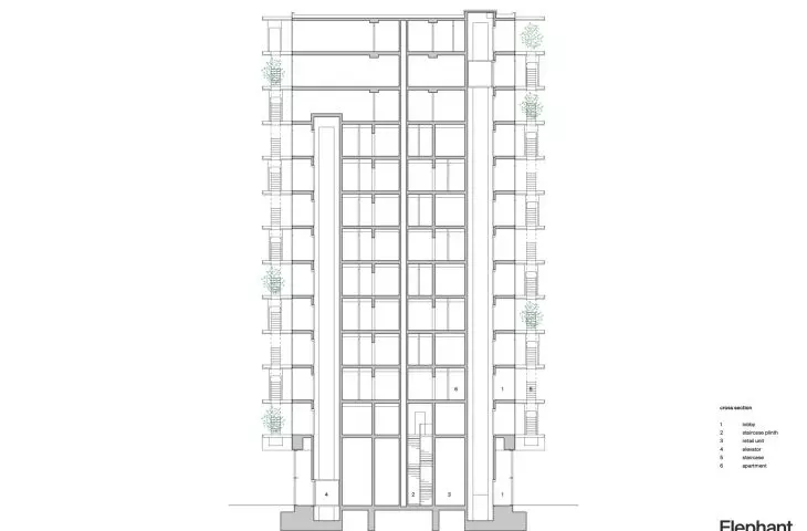 De Voortuinen residential skyscraper in Amsterdam - cross-section of the building 