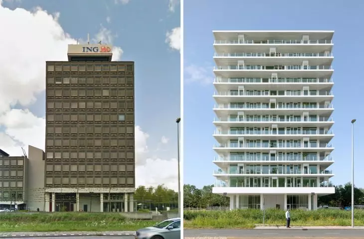 Wieżowiec mieszkalny De Voortuinen w Amsterdamie — budynek przed modernizacją (po lewej) i po modernizacji (po prawej)
