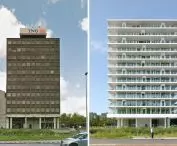 Wieżowiec mieszkalny De Voortuinen w Amsterdamie — budynek przed modernizacją (po lewej) i po modernizacji (po prawej)