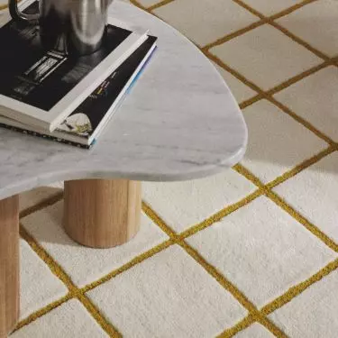 A geometric patterned rug in a buttery shade will work well in a modern setting